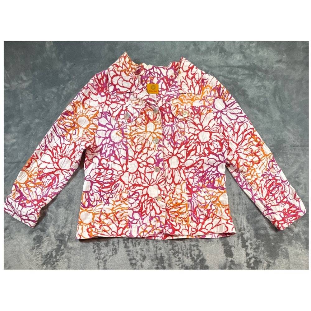 Ruby Rd Womens Floral Seersucker Button Down Jacket Pink Orange White Sz 10 Y2K